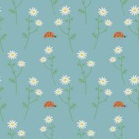 Seamless pattern. Repeating background with daisies and ladybug, forest motif. Hand-drawn flowers and forest insects, boho style.  For textiles, packaging design, postcards,  baby products. Vector