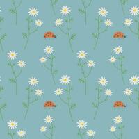 Seamless pattern. Repeating background with daisies and ladybug, forest motif. Hand-drawn flowers and forest insects, boho style.  For textiles, packaging design, postcards,  baby products. Vector