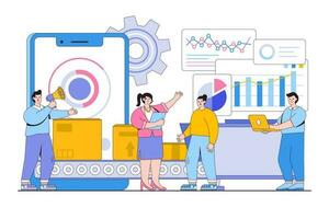 Smart industry 4.0, automation and user interface concept. Group people connecting with tablet and sharing data with cyber-physical system. Outline design minimal vector illustration for landing page