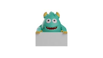 3D illustration. Blue Monster 3D Cartoon Character. A cute monster is standing behind a white board it carries. Monster smiled and showed his cute expression. 3d cartoon character png