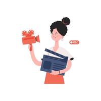 A woman stands waist-deep with a video camera. Isolated. Element for presentations, sites. vector