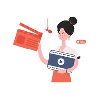 A woman stands waist-deep and holds a clapperboard in her hands. Isolated. Element for presentations, sites. vector