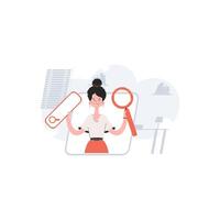 A woman stands waist-deep and holds a magnifying glass in her hands. Search. Element for presentations, sites. vector