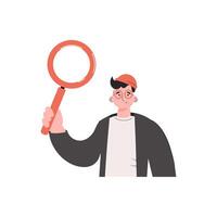 A man stands waist-deep and holds a magnifying glass in his hands. Isolated. Element for presentations, sites. vector