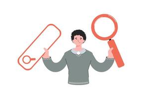 A man stands waist-deep with a web search bar. Isolated. Element for presentations, sites. vector
