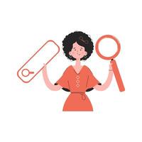 A woman stands waist-deep with a web search bar. Isolated. Element for presentations, sites. vector