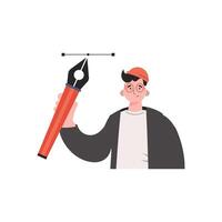 A guy in stylish clothes stands waist-deep and holds a pen tool in his hands. Isolated. Element for presentations, sites. vector