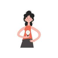 A woman stands waist-deep with a light bulb in her hands. Isolated. Element for presentations, sites. vector