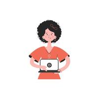 A woman stands waist-deep and holds a computer in her hands. Isolated. Element for presentations, sites. vector