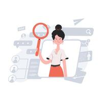 A woman stands waist-deep and holds a magnifying glass in her hands. Human resources. Element for presentations, sites. vector