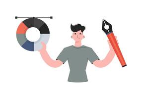 A man stands waist-deep with a pen tool and a color palette in his hands. Isolated. Element for presentations, sites. vector