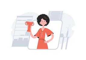 A woman stands waist-deep with a goblet. Victory. Element for presentations, sites. vector