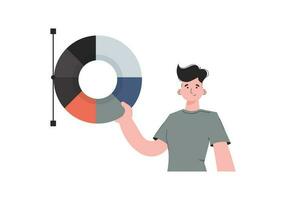 A man stands waist-deep and holds a palette of paints in his hands. Isolated. Element for presentations, sites. vector