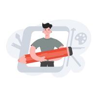 The guy is waist-deep holding a large pencil. Design. Element for presentations, sites. vector