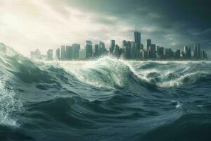 Big wave going city. Generate Ai photo