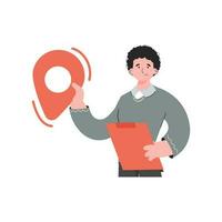 The man stands waist-deep and holds a navigation sign in his hands. Isolated. Element for presentations, sites. vector