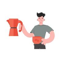 A man stands waist-deep in his hands a cup and a coffee pot. Isolated. Element for presentations, sites. vector