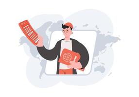 A man stands waist-deep and holds a boarding pass and passport. Travels. Element for presentations, sites. vector