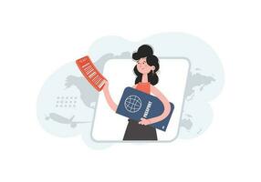 A woman stands waist-deep and holds a passport. Travels. Element for presentations, sites. vector