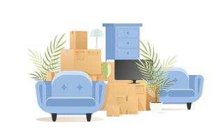 There are a lot of boxes and other items. Concept of relocating. On a white background, isolated. Vector illustration