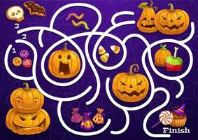 Kids maze game with Halloween sweets and pumpkins vector