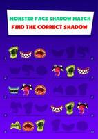 Monster face shadow match game with creepy mouths vector