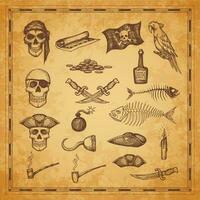 Pirate map and flag, skulls, dagger and fish bones vector