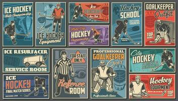 Ice hockey posters, players and arena equipment vector