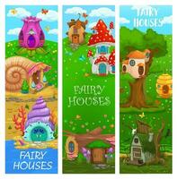 Cartoon fairy houses and gnomes dwellings, banners vector