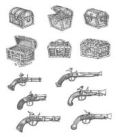 Vintage isolated pirate chest, musket gun sketches vector