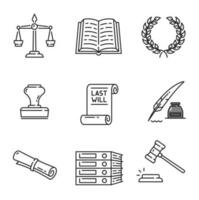 Notary, justice and legal service vector icons