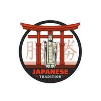 tradiciones de Japón icono con Buda, torii portón vector