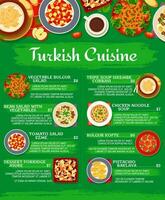Turkish cuisine menu, restaurant lunch food dishes vector