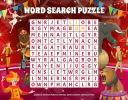 Word puzzle game with circus performers, animals vector