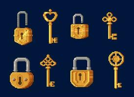 Game assets, golden keys, padlocks, 8bit pixel art vector