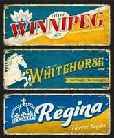 Winnipeg, Whitehorse and Regina cities tin signs vector