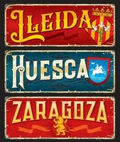 Lleida, Huesca, Zaragoza spanish city travel plate vector