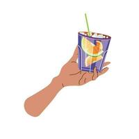 Hand holds a glass with a refreshing summer cocktail. Summer aperitif, alcoholic drink. Vector illustration isolated on white background.