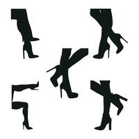 conjunto negro silueta de hembra piernas en un pose. Zapatos tacones de aguja, alto tacones caminando, de pie, correr, saltando, danza vector