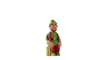 3d illustration. Masculin elfe 3d dessin animé personnage. le gentil -coeur elfe Sam sur le cadeau boîte. elfe sourit gentiment tandis que profiter le sien du repos temps. 3d dessin animé personnage png