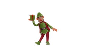 3D Illustration. Cute Elf 3D cartoon character. Elf with funny poses. Elf lifted a gift box with one hand. The good Elf smiled warmly. 3D cartoon character png