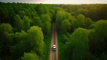 luftburet ser grön timberland med bil på de svart-topp väg. video