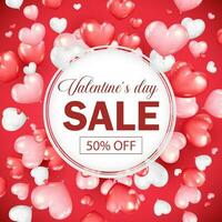 Valentines day sale banner design with heart shape ballons. Promotion and shopping template on red background vector illustration.