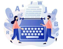 Professional writer, author, redactor, journalist, copywriter, content manager, blogger. Tiny creative people typing text on retro typewriter. Modern flat cartoon style. Vector illustration