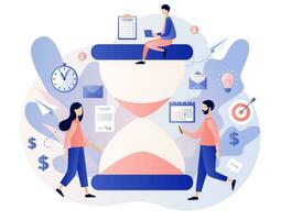 Deadline concept. Time management and productivity. Tiny people organize workflow. Hourglass as time spending metaphore. Modern flat cartoon style. Vector illustration on white background