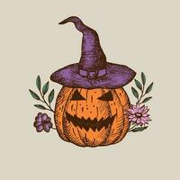Happy Halloween. Illustration of pumpkin head, hat, plant, flowers. Composition for the autumn holiday All Saints' Eve. Drawn by hand. Design element. For postcard, poster, polygraphy, template.Vector vector
