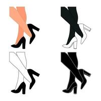 silueta contorno de hembra piernas en un pose. Zapatos tacones de aguja, alto tacones caminando, de pie, correr, saltando, danza vector