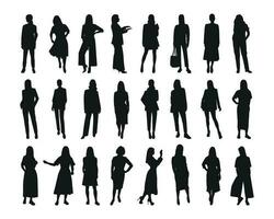 Vector feminine silhouettes of woman, women, female, maiden, lass, ladys, girls. Business women, entrepreneur, executive, fashionista, teacher, audience, students, girlfriends