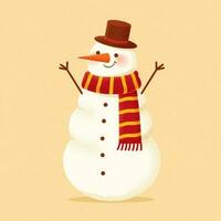 plano estilo ilustración de el grande muñeco de nieve. un dibujado a mano monigote de nieve vistiendo un rojo silenciador y sombrero con un hecho de ramas brazos alcanzando fuera en un amarillo antecedentes vector