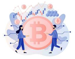 Crypto currency. Big coin and tiny people trading and investing. Bitcoin, altcoin. Digital web money. Blockchain. Fintech industry. Business, finance. Modern flat cartoon style. Vector illustration